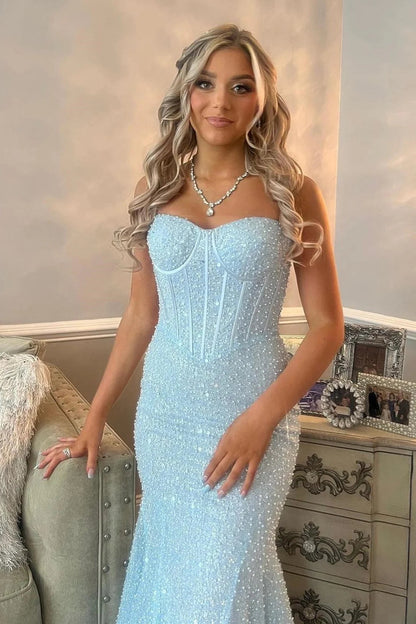 Cute Sweetheart Light Blue Sequins Mermaid Long Prom Dress