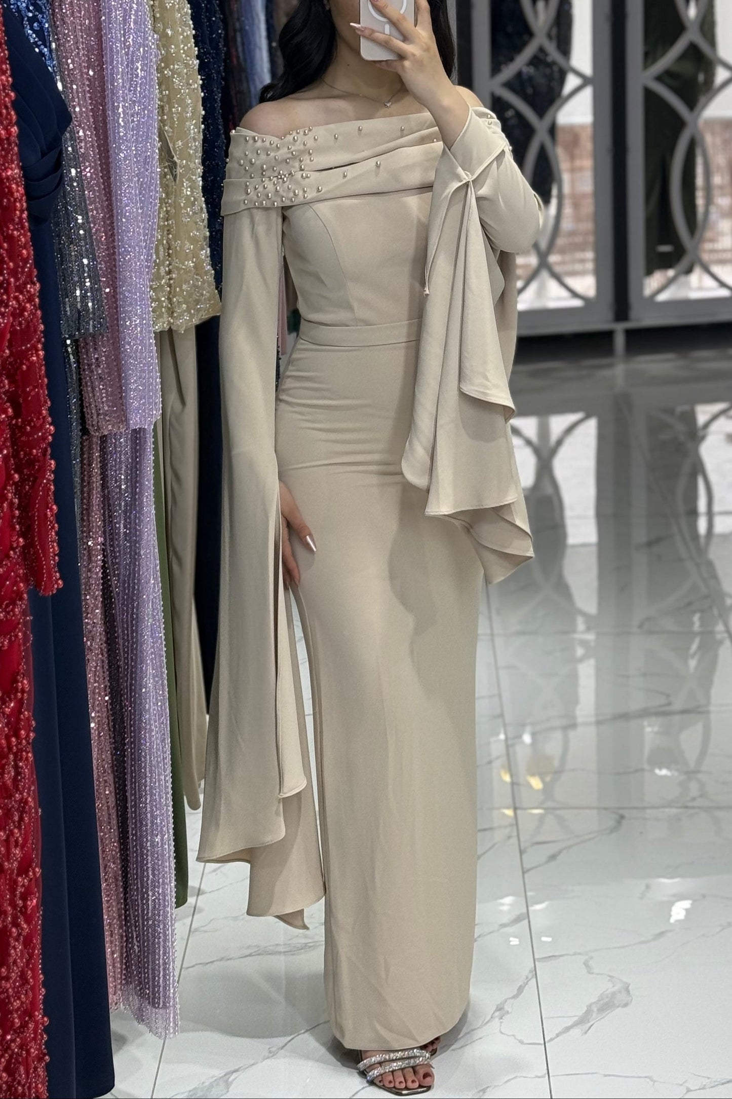 Off Shoulder Long Sleeves Beaded Ruched Evening Dress