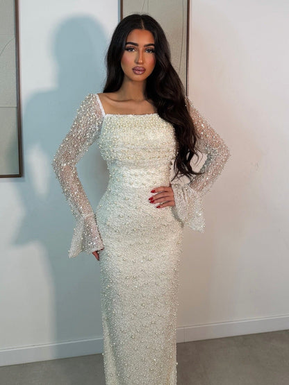 Off White Square Neck Bell Sleeves Beading Formal Gown with Train