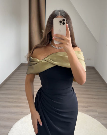Black Off-Shoulder Sleeveless Slit Ruched Evening Dress