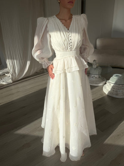 Ivory V Neck Long Sleeves Vintage Evening Formal Dress