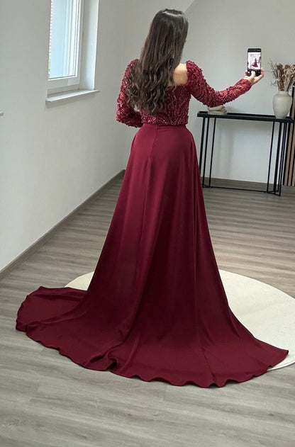 Elegant Long Sleeves V-Neck Ruched Satin Evening Dress
