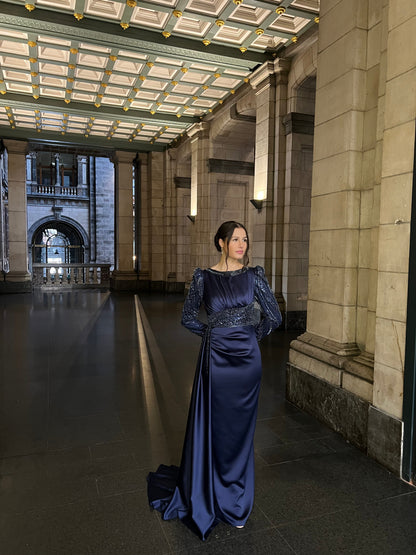 Navy Bateau Neck Long Sleeves Beaded Ruched Evening Formal Dress