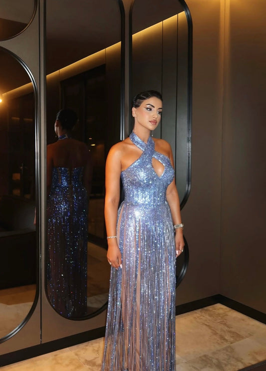 Halter Sleeveless Long Prom Dress With Appliques Pleated