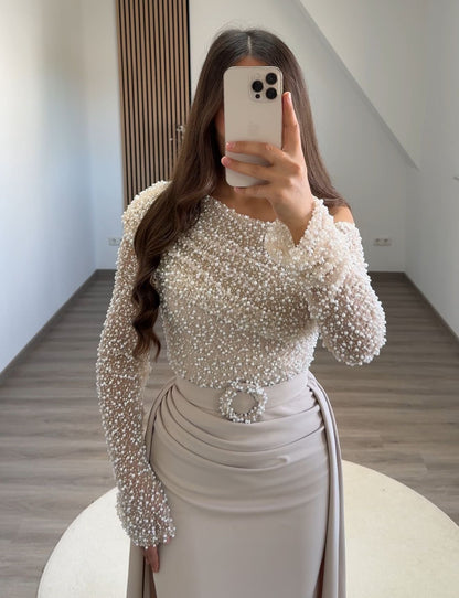 Long Sleeves Slit Ruched Evening Dress