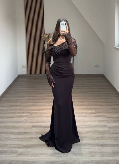 Sheath One Shoulder Long Sleeves Appliques Evening Dress