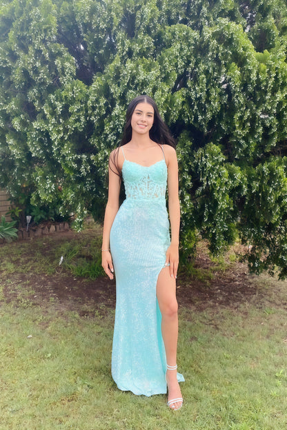 V-neck Spaghetti Strap Side Slit Prom Dress