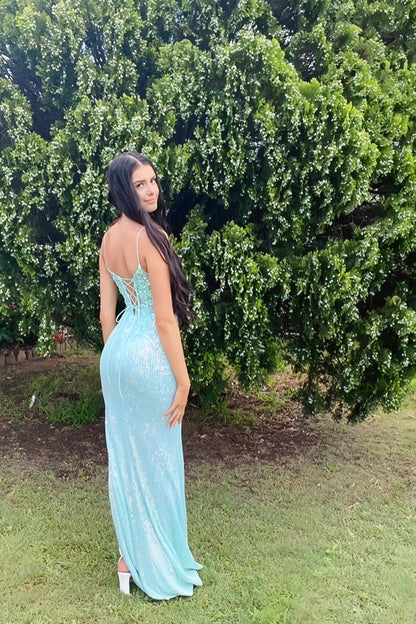 V-Neck Spaghetti Straps Sleeveless Fully Sequined Applique Mermaid Dress with Slit