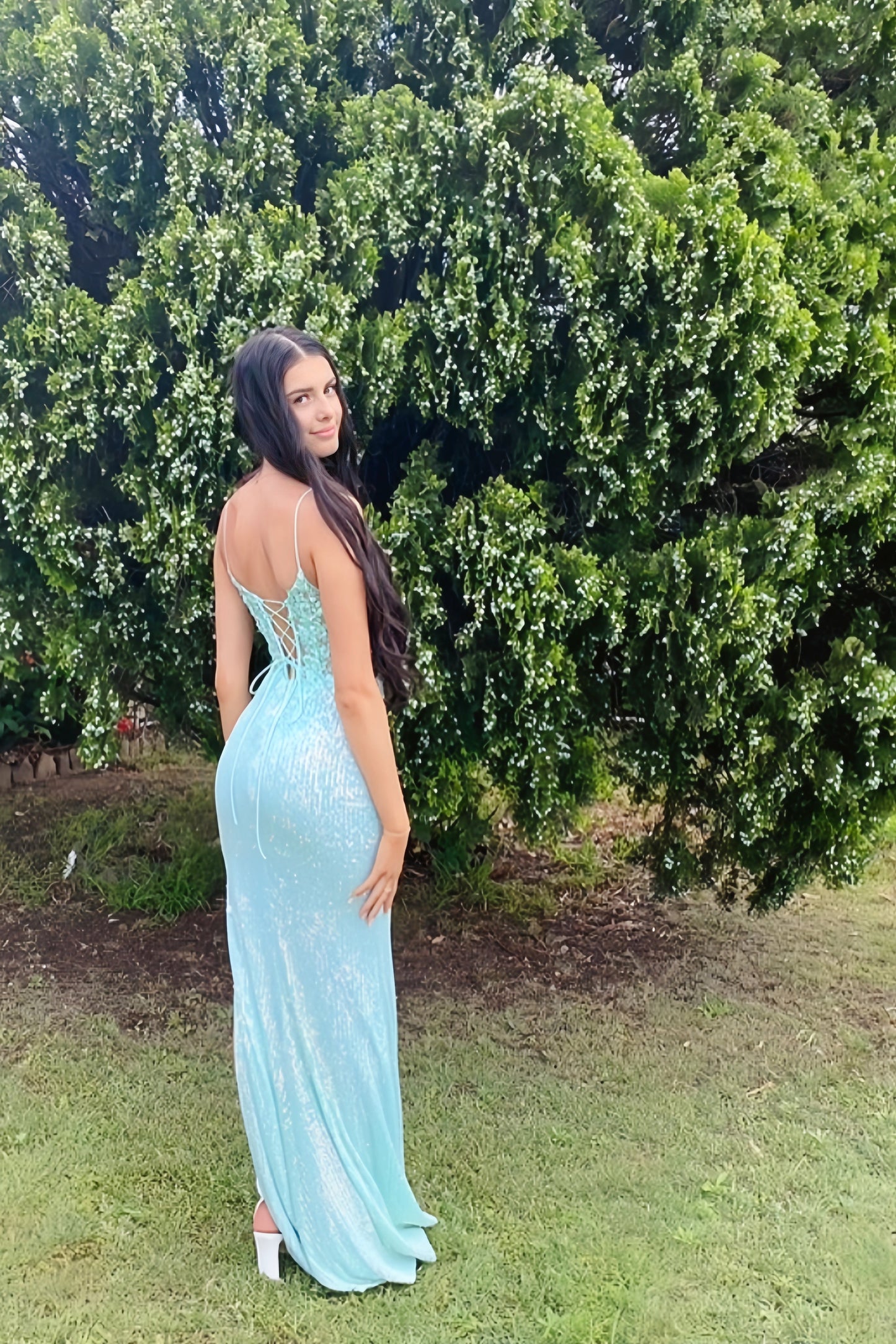 V-neck Spaghetti Strap Side Slit Prom Dress