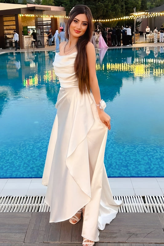 White Cowl Spaghetti Straps Long Dress