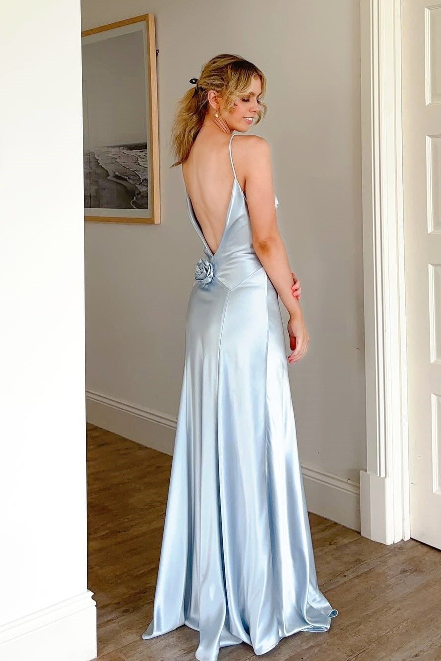 Light Blue Soft Satin A-line Long Prom Dress