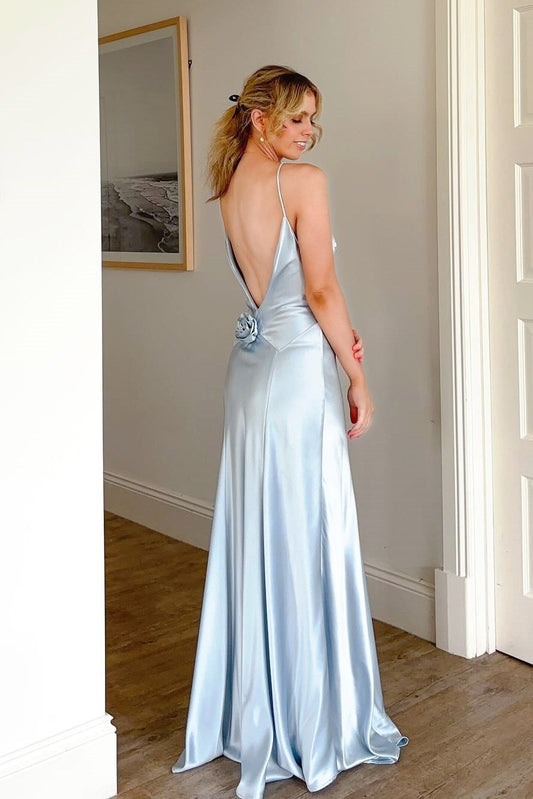 Light Blue Soft Satin A-line Long Prom Dress