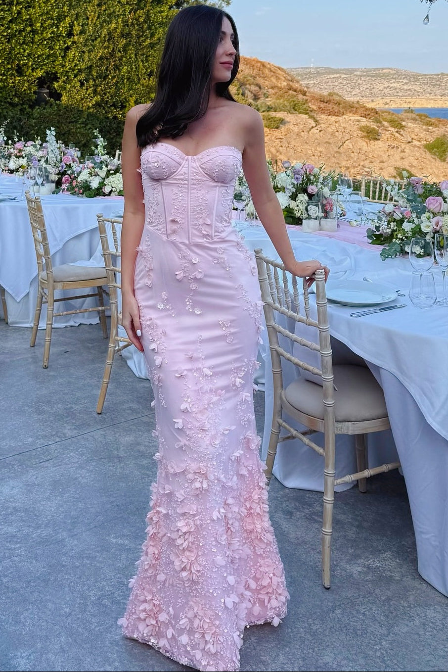 Pink Tulle 3D Flowers Floor-length Dress