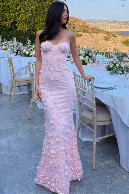 Pink Tulle 3D Flowers Floor-length Dress