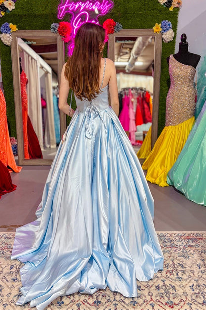 Scoop-Neck Spaghetti Straps Sleeveless Beaded Satin Pleated A-Line Prom Dress with Sweep Train