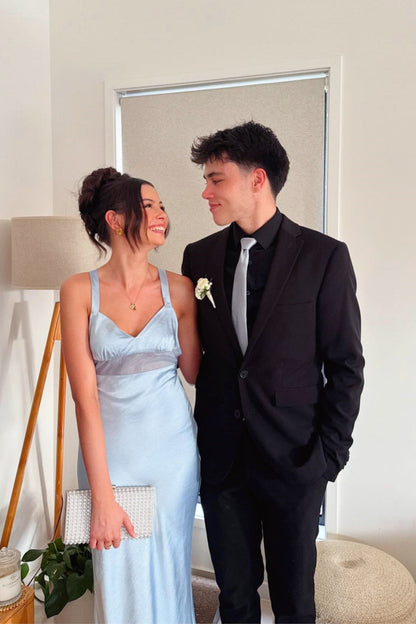 V-Neck Sheer Mesh Mermaid Blue Long Dress