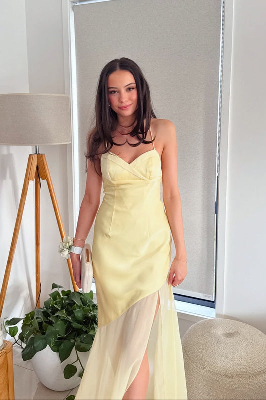 V-neck Yellow Mesh Panels Long A-line Dress