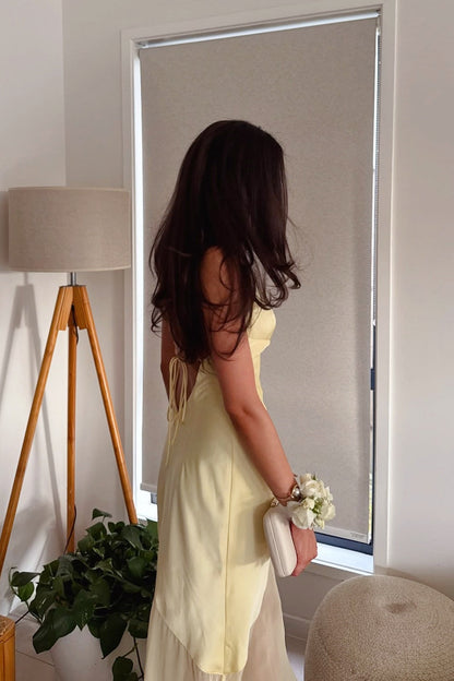 V-neck Yellow Mesh Panels Long A-line Dress