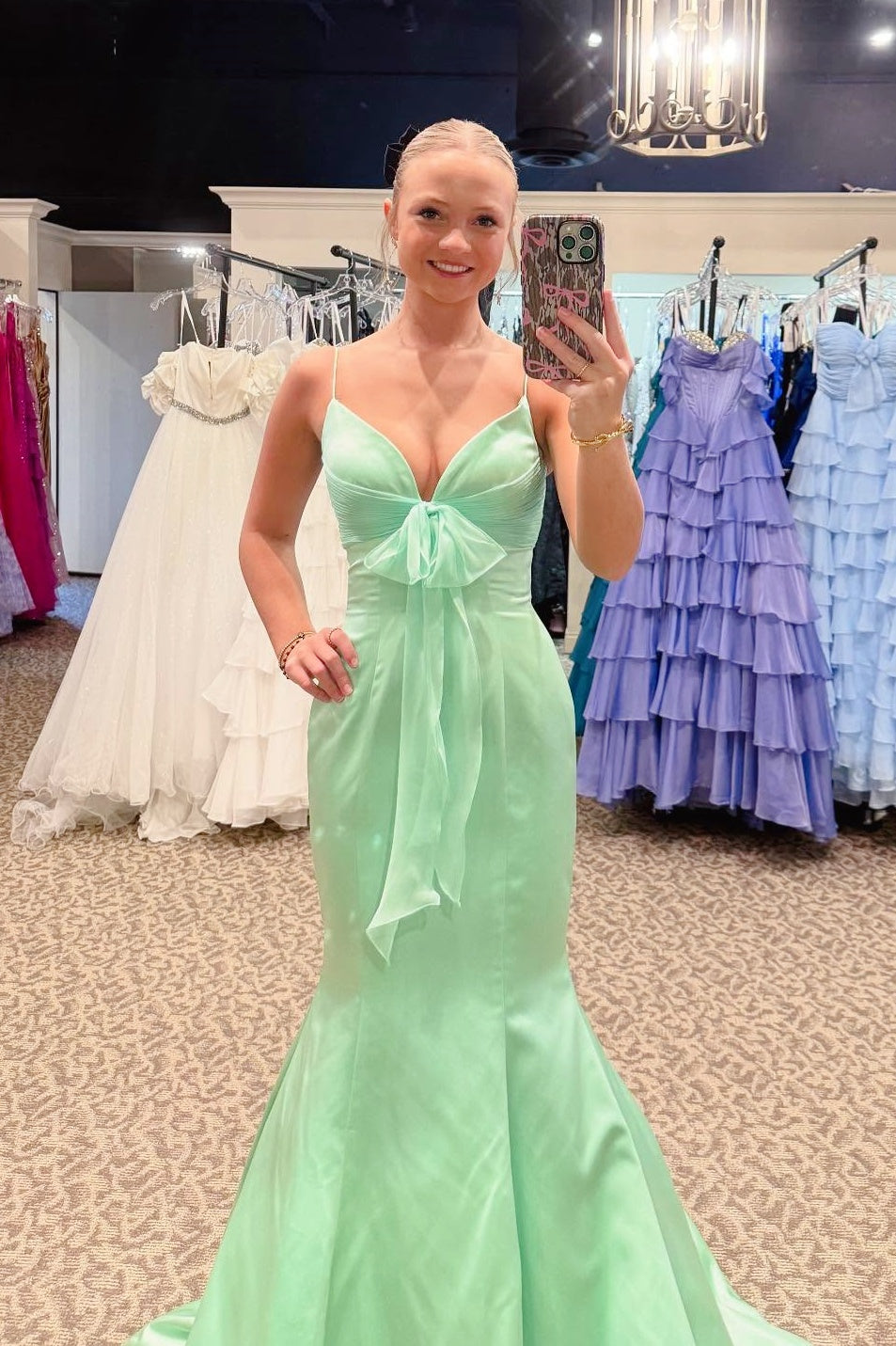 Tulle Bow V-neck Mermaid Long Dress