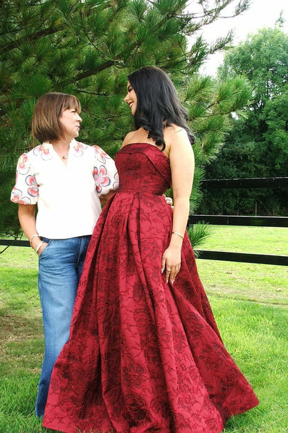 Burgundy Strapless Jacquard A-Line Dress