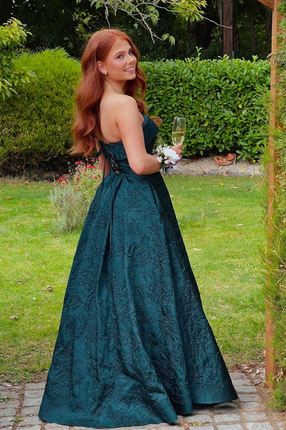 Burgundy Strapless Jacquard A-Line Dress