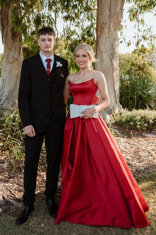 Red Strapless Side Slit Satin A-line Gown