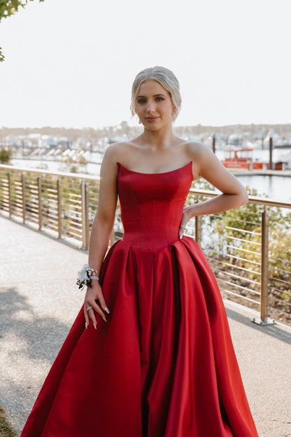 Red Strapless Side Slit Satin A-line Gown