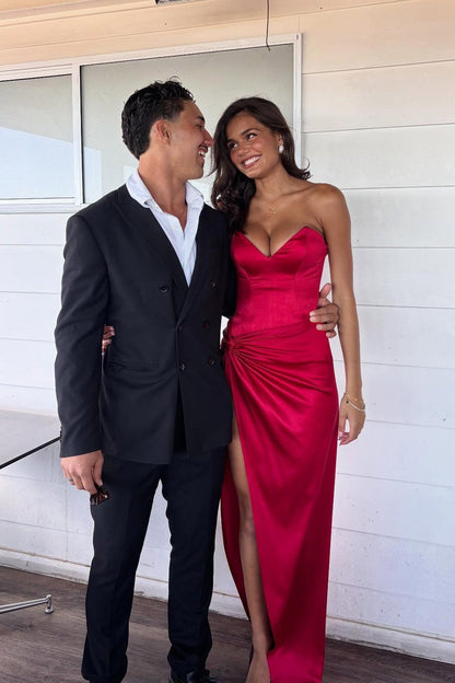 Red Fitted Satin Side Slit Long Dress
