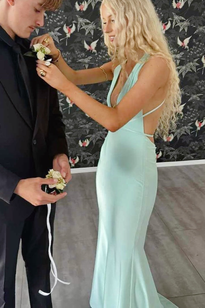 Mint Green Deep V-neck Satin Long Dress