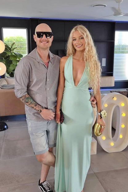 Mint Green Deep V-neck Satin Long Dress