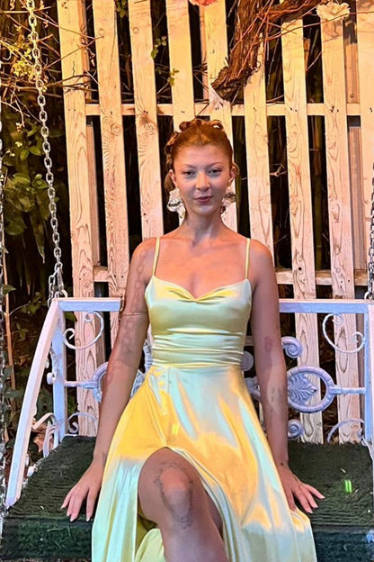 Yellow A-line Spaghetti Straps Side Slit Prom Dress