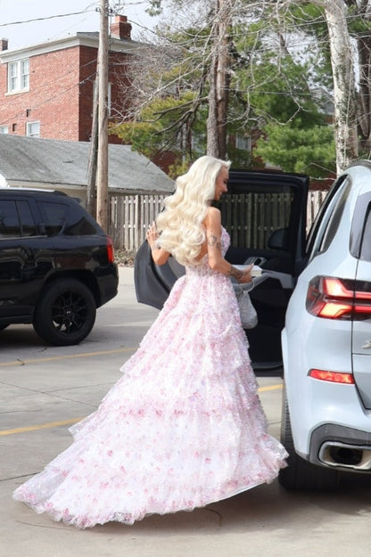 Lavender Halter V-neck Sequin Tulle Ruffles Gown