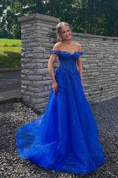 Royal Blue Glitter Tulle Off-the-Shoulder A-Line Gown