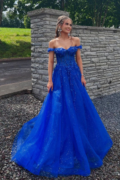 Royal Blue Glitter Tulle Off-the-Shoulder A-Line Gown