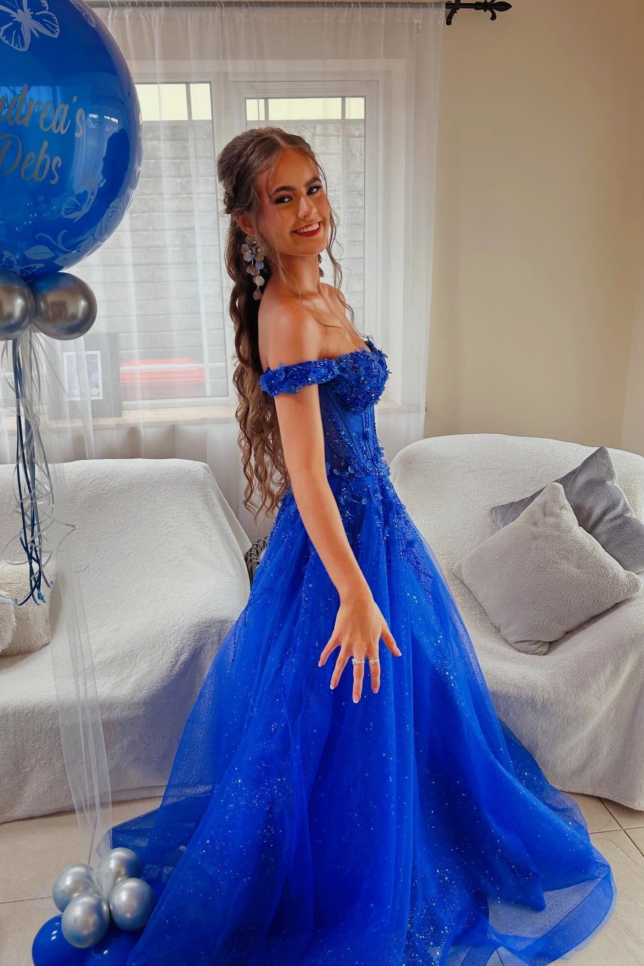 Royal Blue Glitter Tulle Off-the-Shoulder A-Line Gown