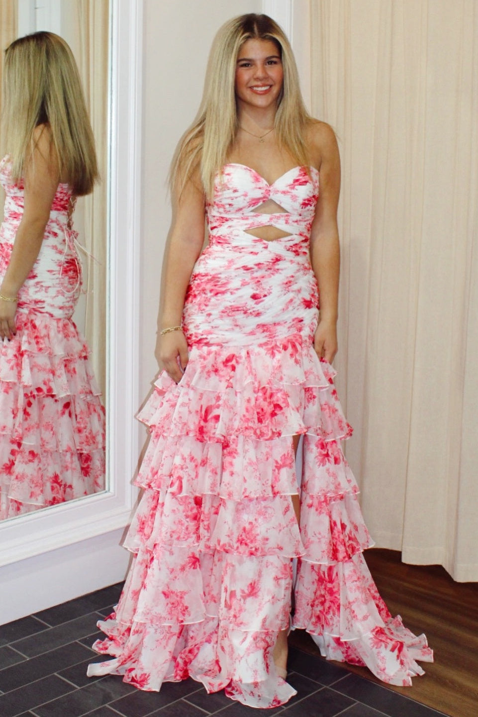 Off-Shoulder Sweetheart Print-Chiffon Pleated Tiered Prom Dress with Slit