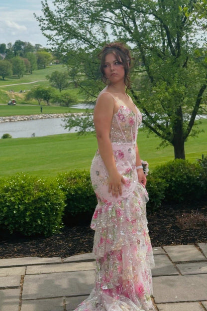 Sweetheart Spaghetti Straps Sequined Applique Tulle Mermaid Prom Dress