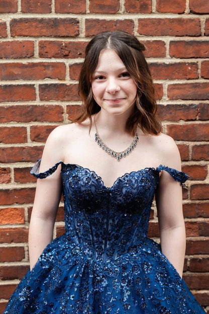 Glitter Navy Blue Sequin Off-the-Shoulder A-Line Prom Dress