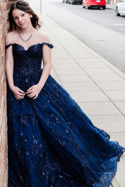 Glitter Navy Blue Sequin Off-the-Shoulder A-Line Prom Dress