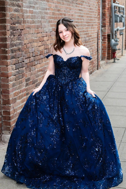 Glitter Navy Blue Sequin Off-the-Shoulder A-Line Prom Dress