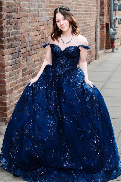 Off-Shoulder Sweetheart Sleeveless Fully Sequined Applique Tulle A-Line Prom Dress