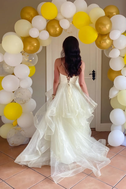 Light Yellow A-Line V-Neck Long Dress with Tiered Ruffles