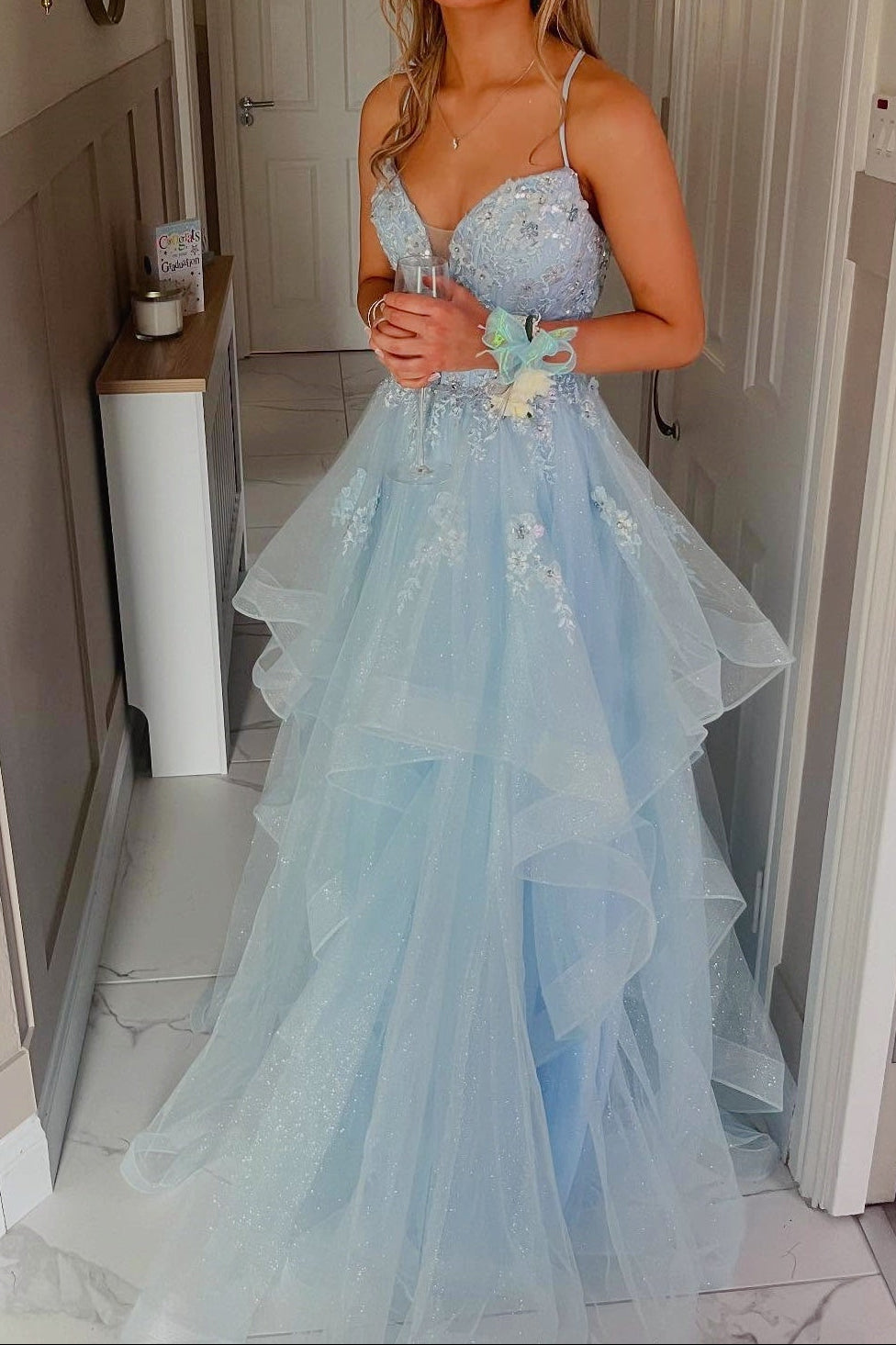 Light Blue Spaghetti Strap V-Neck Ruffle A-Line Dress