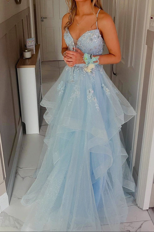 Light Blue Spaghetti Strap V-Neck Ruffle A-Line Dress