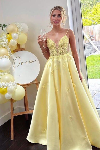 Yellow A-Line Spaghetti Strap V-Neck Long Dress
