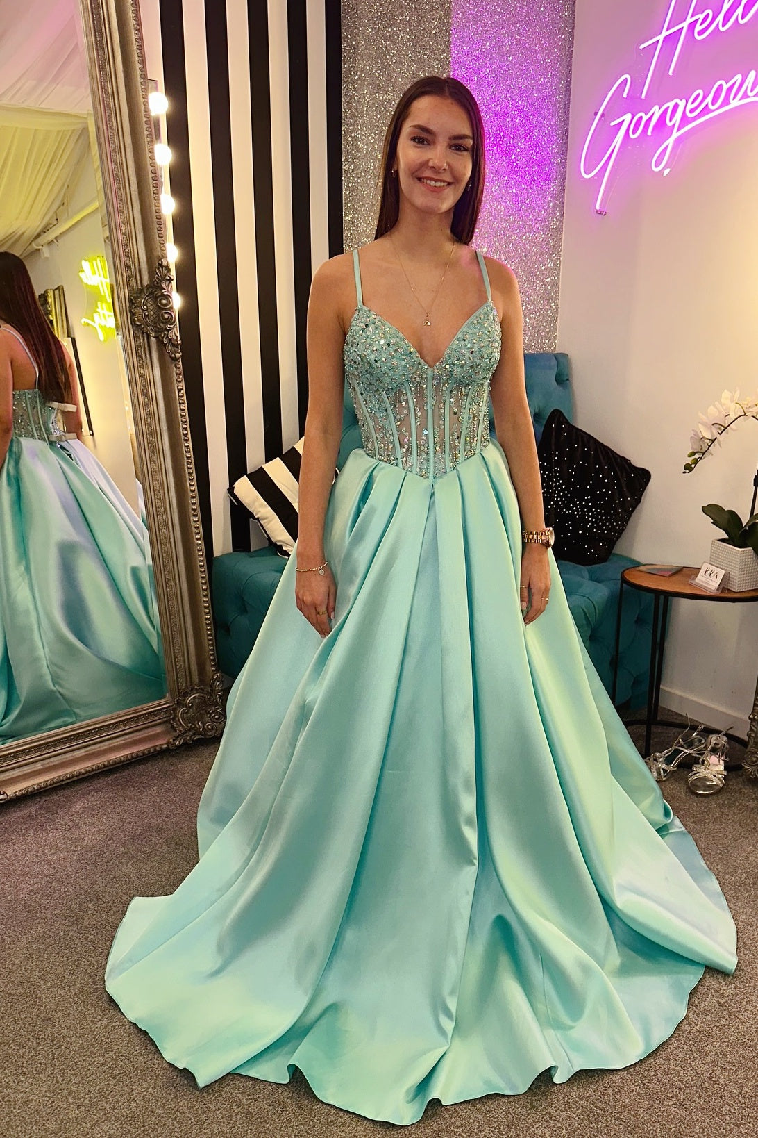 Aqua A-Line Spaghetti Strap V-Neck Long Dress