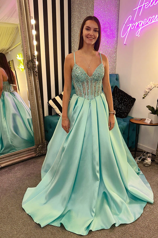 Aqua A-Line Spaghetti Strap V-Neck Long Dress