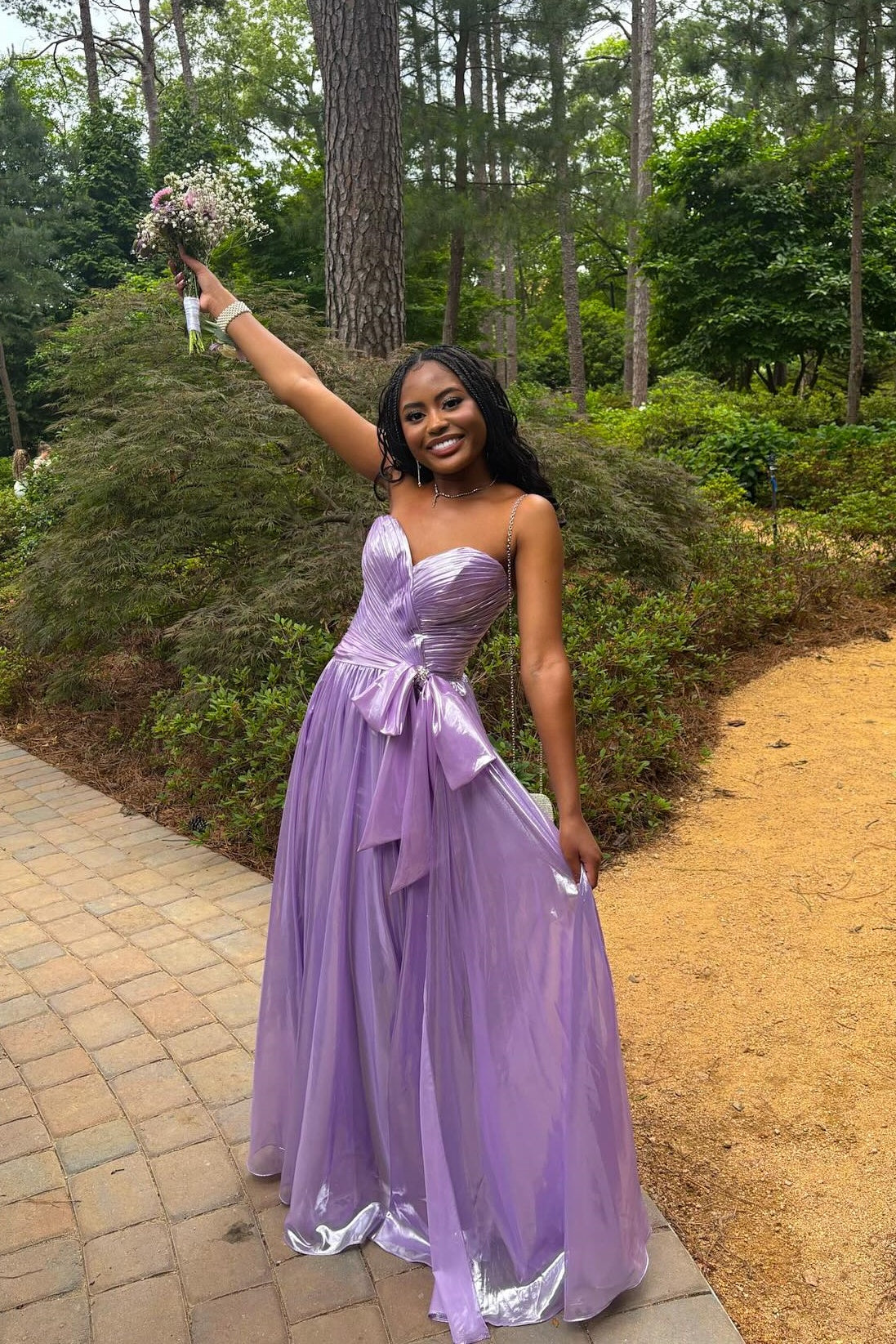 Sweetheart Off-Shoulder Sleeveless Metallic-Chiffon Pleated A-Line Prom Dress