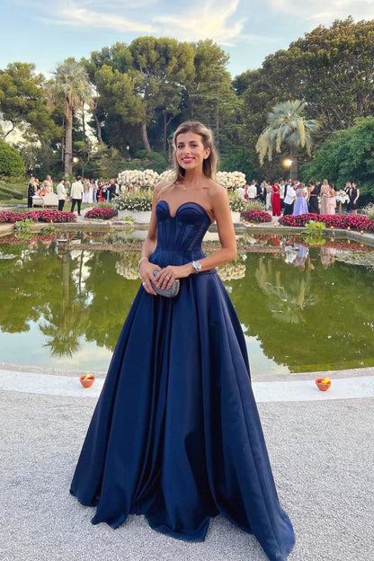 Navy Blue Sweetheart Satin A-Line Prom Dress