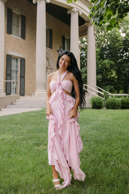 Haze Blue Halter A-Line 3D Floral Ruffle Dress